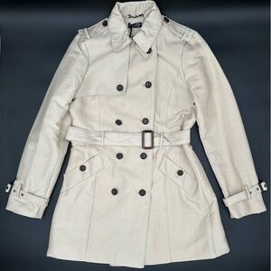 NWT Love Token Beige Button Down Trench Coat Padded Shoulders Women’s Size L